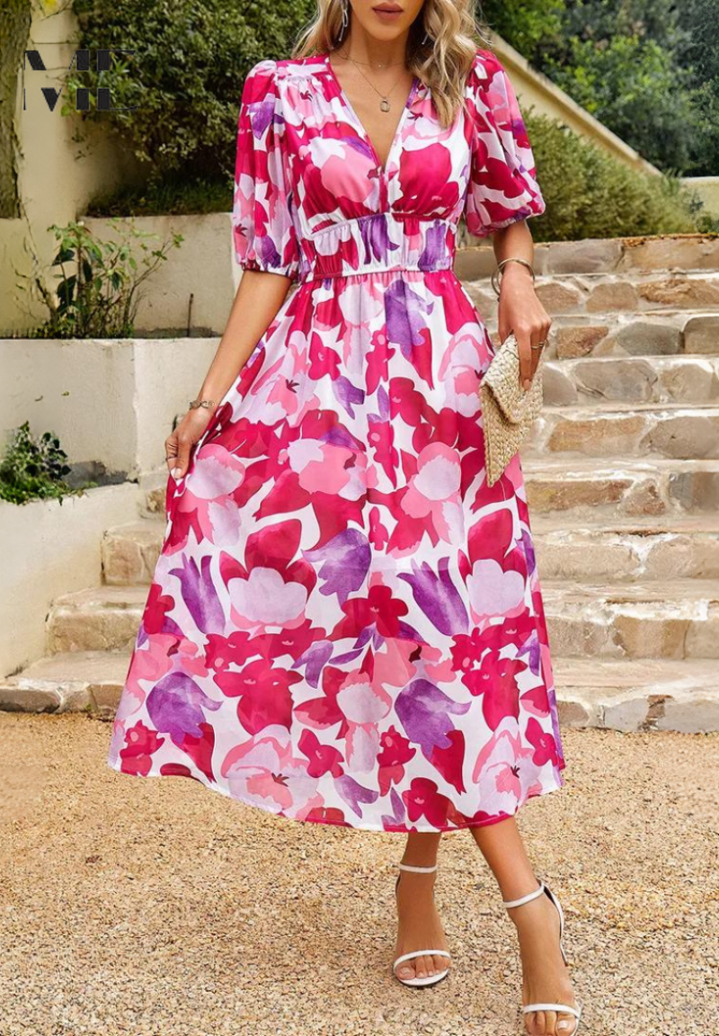 Women's Elegant Colorful Print Summer Dress | Midi