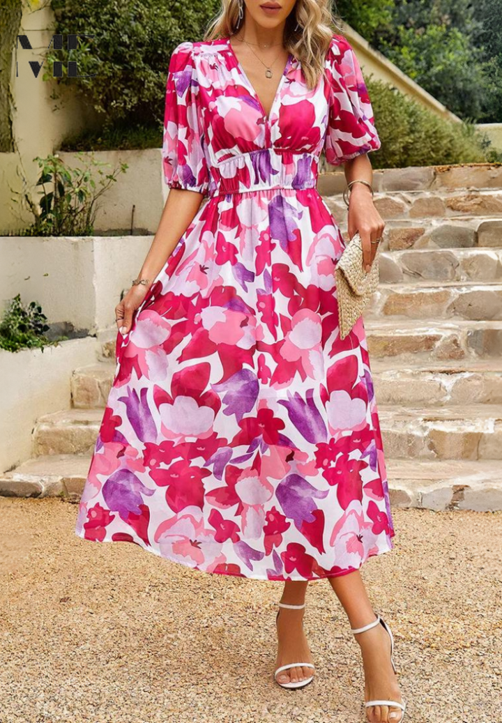 Women's Elegant Colorful Print Summer Dress | Midi
