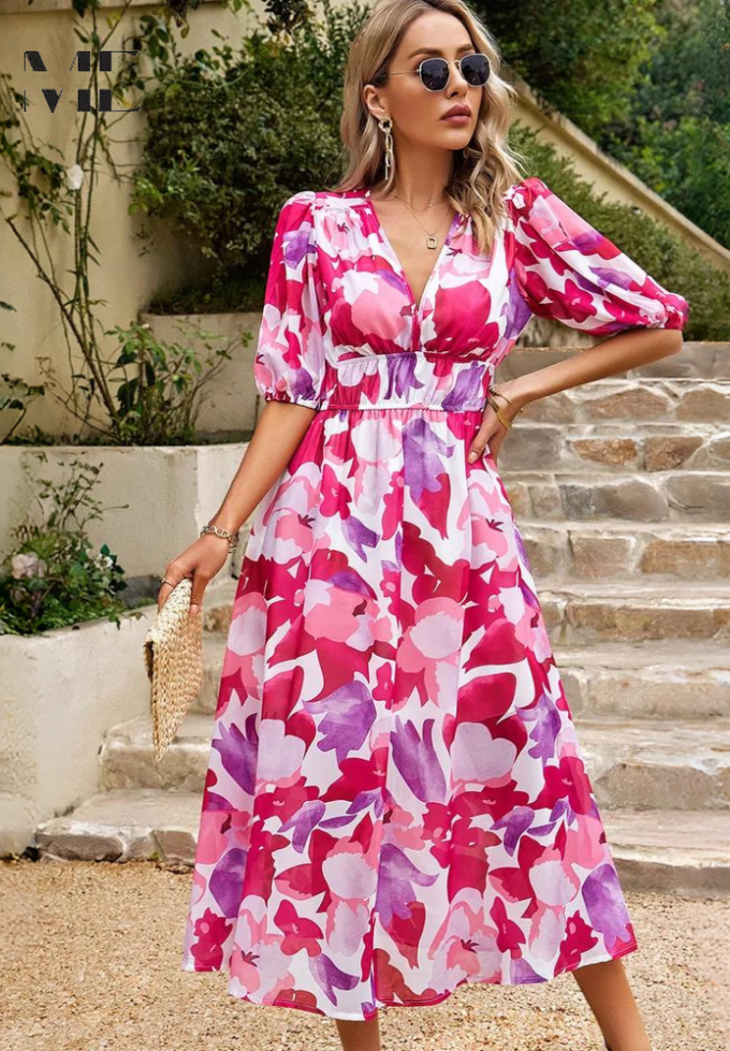 Women's Elegant Colorful Print Summer Dress | Midi