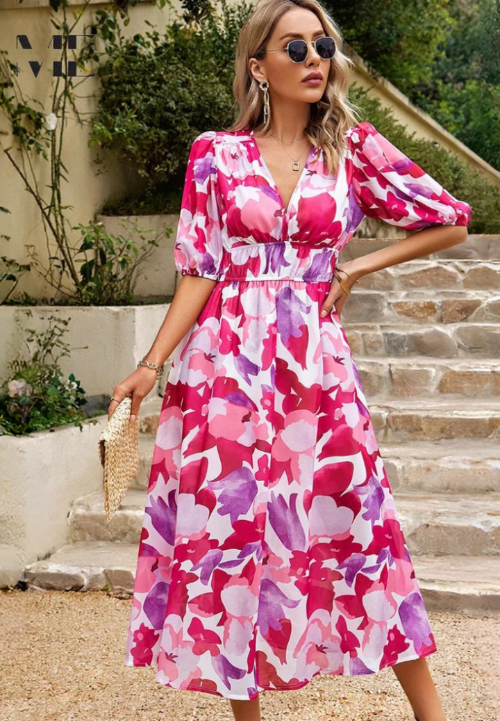 Women's Elegant Colorful Print Summer Dress | Midi
