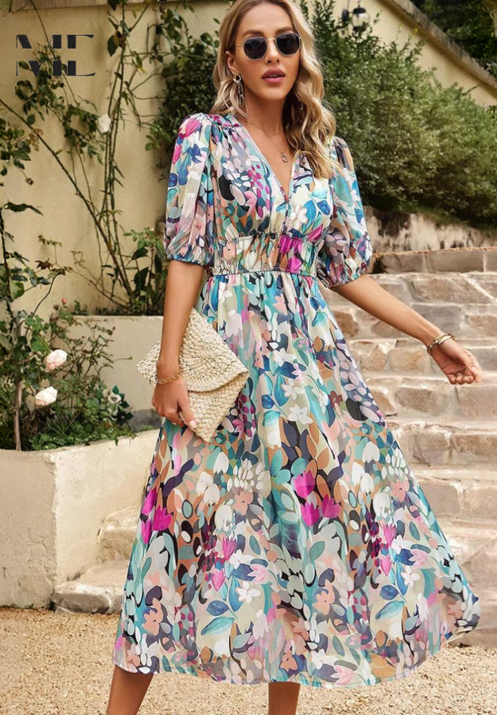 Women's Elegant Colorful Print Summer Dress | Midi