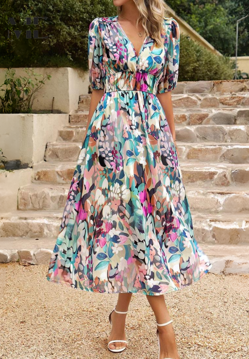 Women's Elegant Colorful Print Summer Dress | Midi