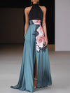Women's Classic Black Floral Halter Neck Sleeveless A-Line Dress | Maxi