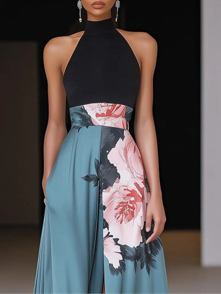 Women's Classic Black Floral Halter Neck Sleeveless A-Line Dress | Maxi