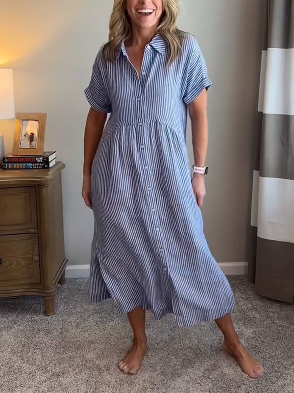 Women's Casual Summer Stripe Button-Up Shirt Dress | Midi