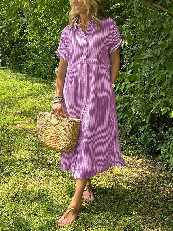Women's Casual Summer Stripe Button-Up Shirt Dress | Midi