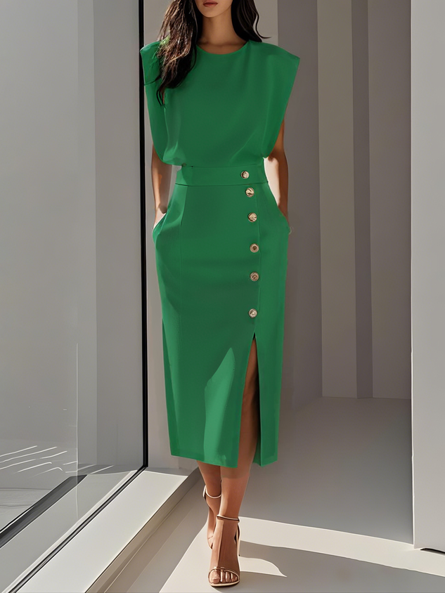 Women's Elegant Button-Front Detail Work Dress with Slit | Midi