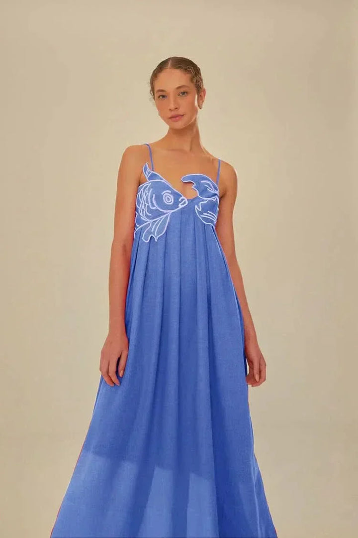Women's Summer Fish Print Spaghetti Strap Dress | Maxi