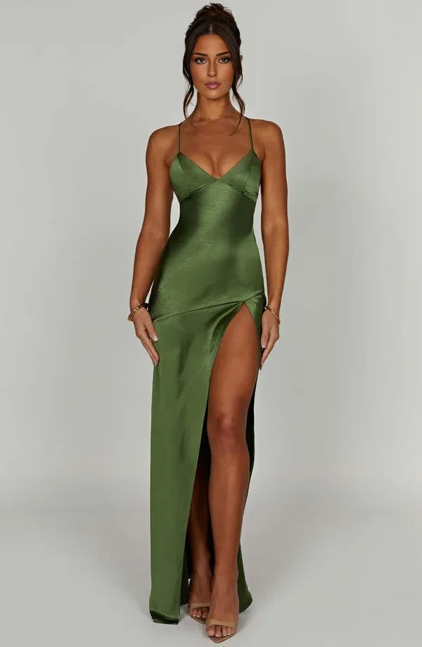 Women's Elegant V Neck Evening Dress With Slit | Maxi