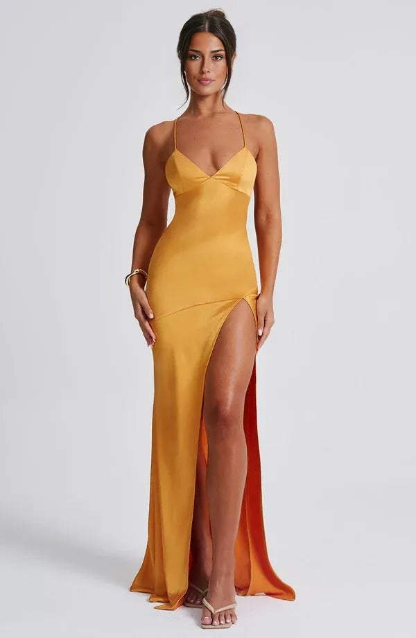 Women's Elegant V Neck Evening Dress With Slit | Maxi