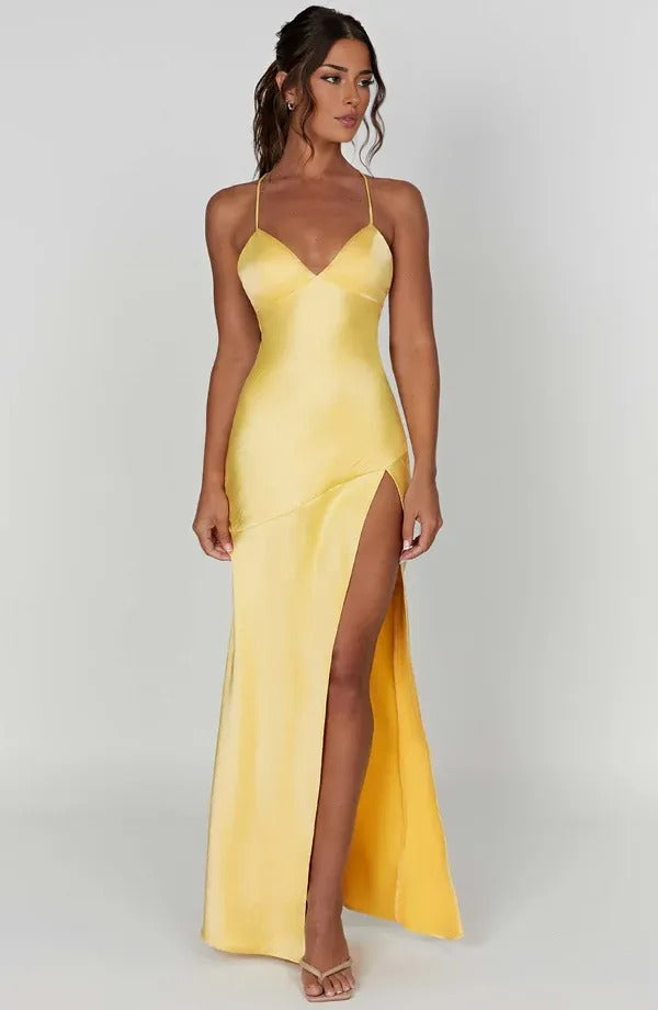 Women's Elegant V Neck Evening Dress With Slit | Maxi