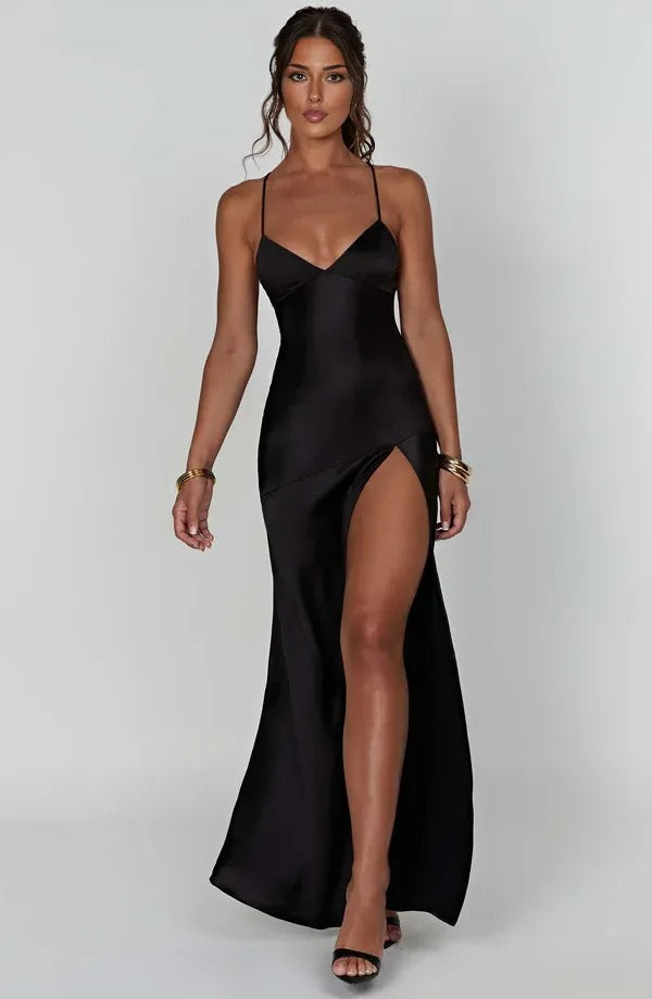 Women's Elegant V Neck Evening Dress With Slit | Maxi