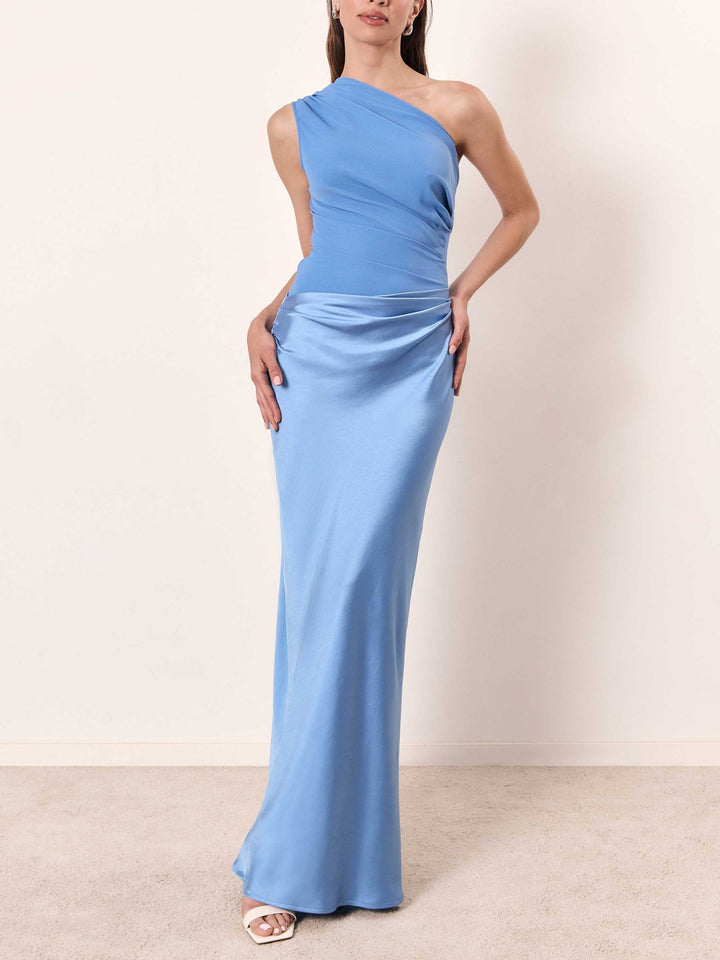 Women's Elegant One Shoulder Neck Pleated Party Dress | Maxi