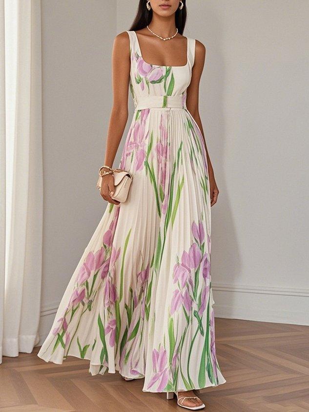 Women's Spring Pleated Floral Wedding Guest Dress | Maxi