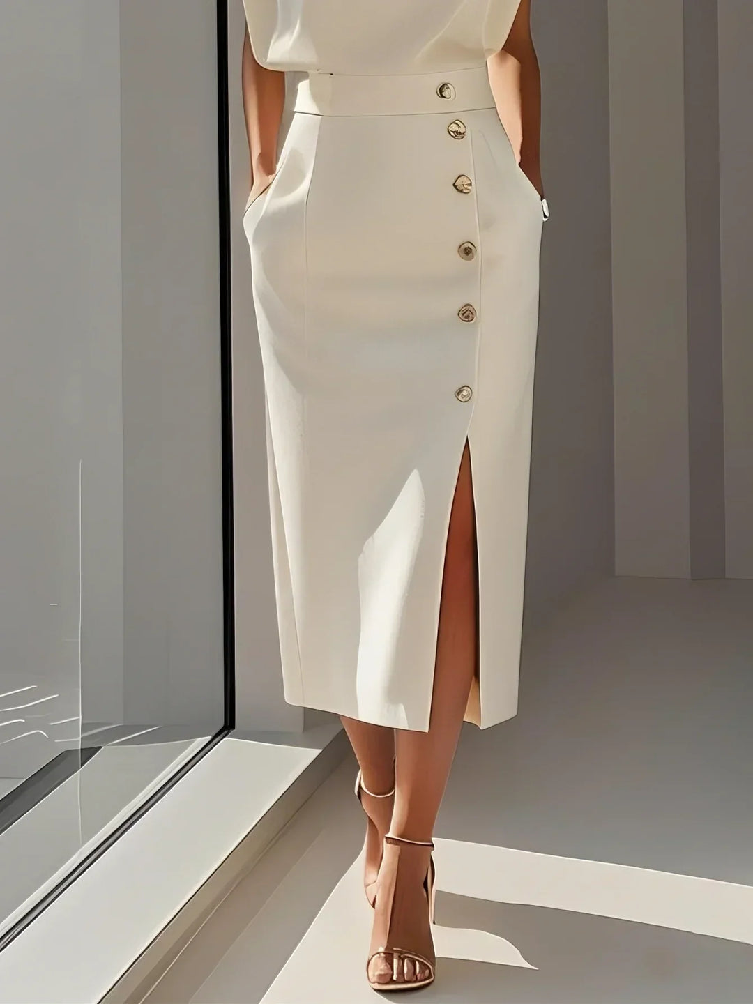 Women's Elegant Button-Front Detail Work Dress with Slit | Midi