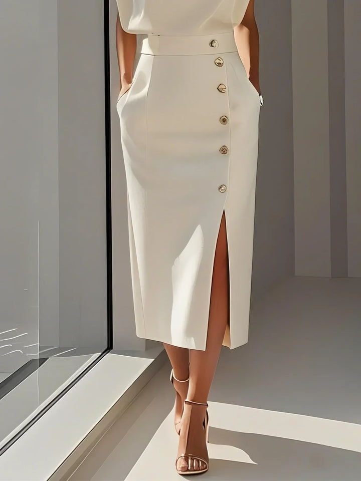 Women's Elegant Button-Front Detail Work Dress with Slit | Midi