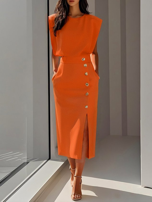 Women's Elegant Button-Front Detail Work Dress with Slit | Midi