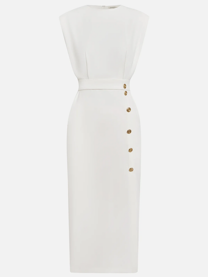 Women's Elegant Button-Front Detail Work Dress with Slit | Midi