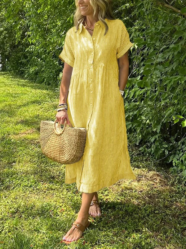 Women's Casual Summer Stripe Button-Up Shirt Dress | Midi