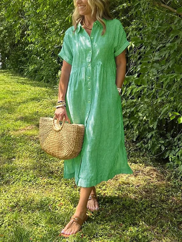 Women's Casual Summer Stripe Button-Up Shirt Dress | Midi