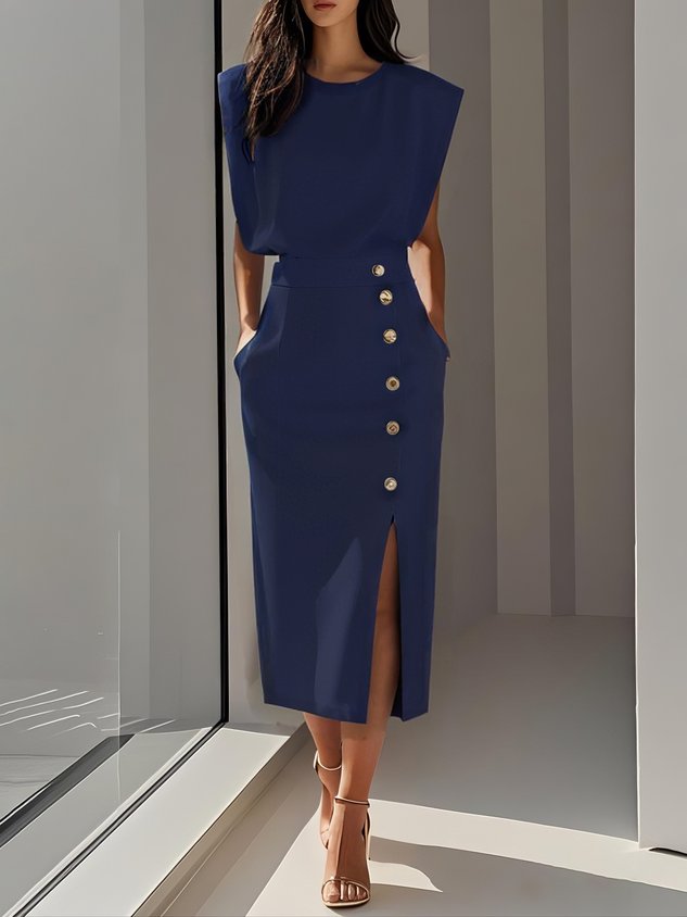 Women's Elegant Button-Front Detail Work Dress with Slit | Midi