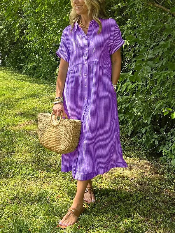 Women's Casual Summer Stripe Button-Up Shirt Dress | Midi