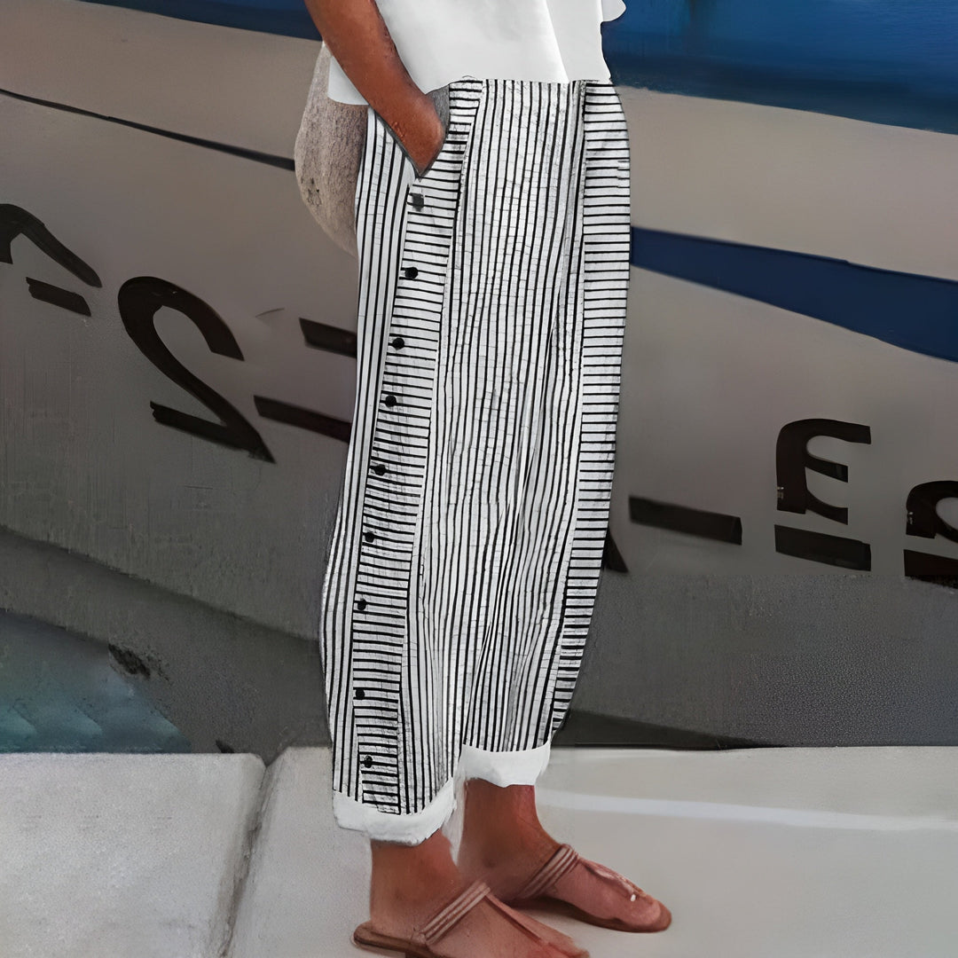 Women's Relaxed Fit Pants with Side Button Detail Pockets | Summer