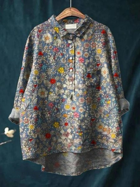 Women's Vintage Floral Button Fron Neck Collared Blouse | Long Sleeves