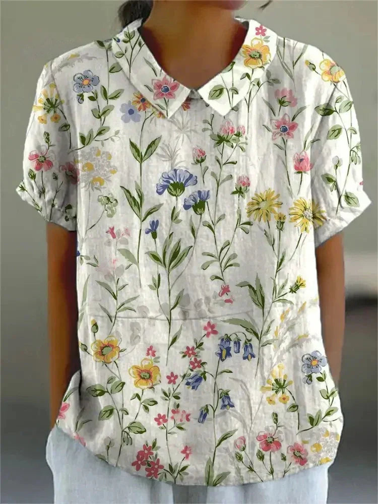Women's Spring Collared Floral Blouse | Short Sleeves