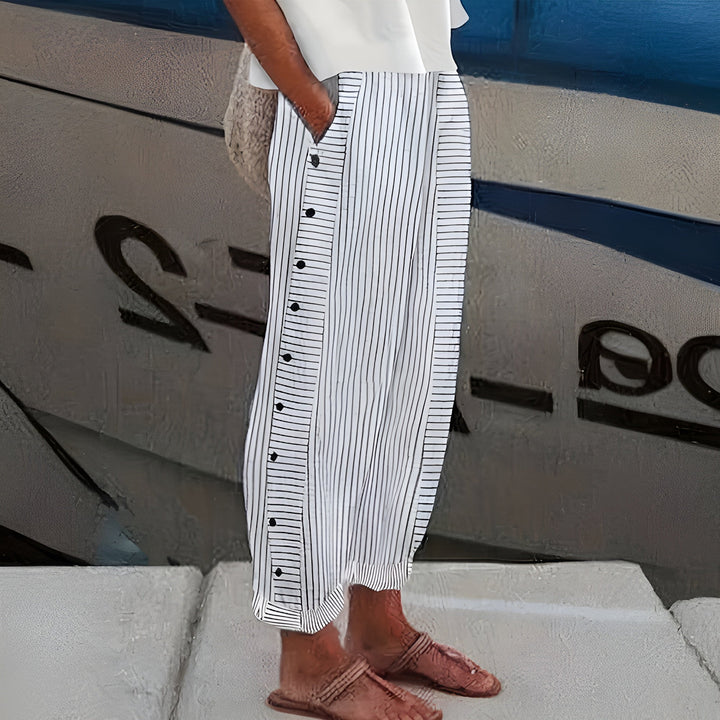 Women's Relaxed Fit Pants with Side Button Detail Pockets | Summer