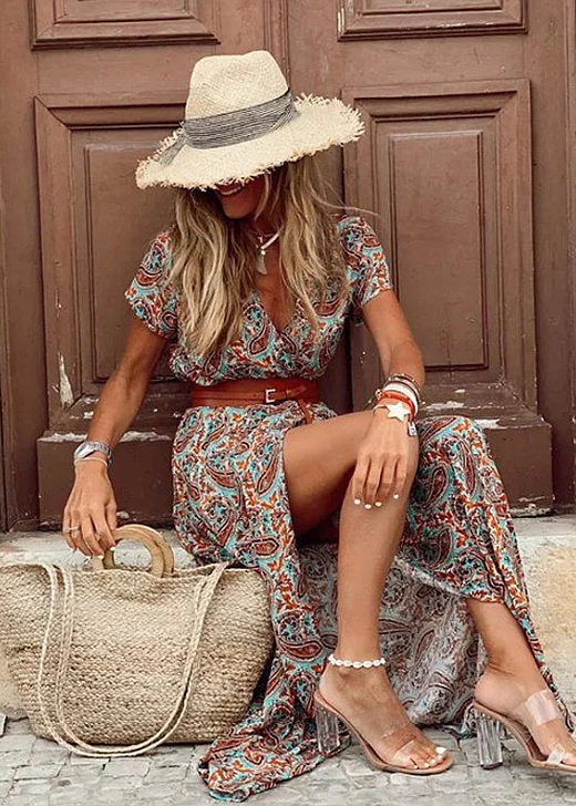 Women's Summer Boho V-Neck Belted Dress With Slit | Maxi