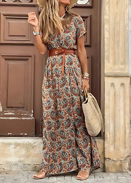 Women's Summer Boho V-Neck Belted Dress With Slit | Maxi