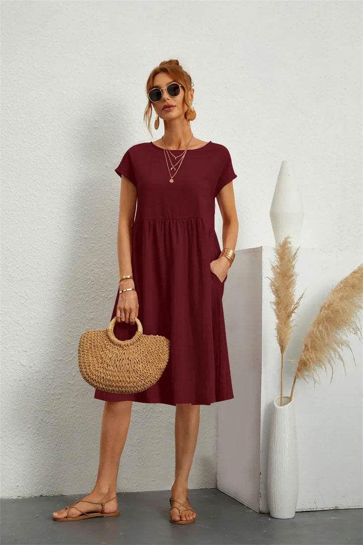 Women's Casual Boho A-Line Dress with Pocket | Midi