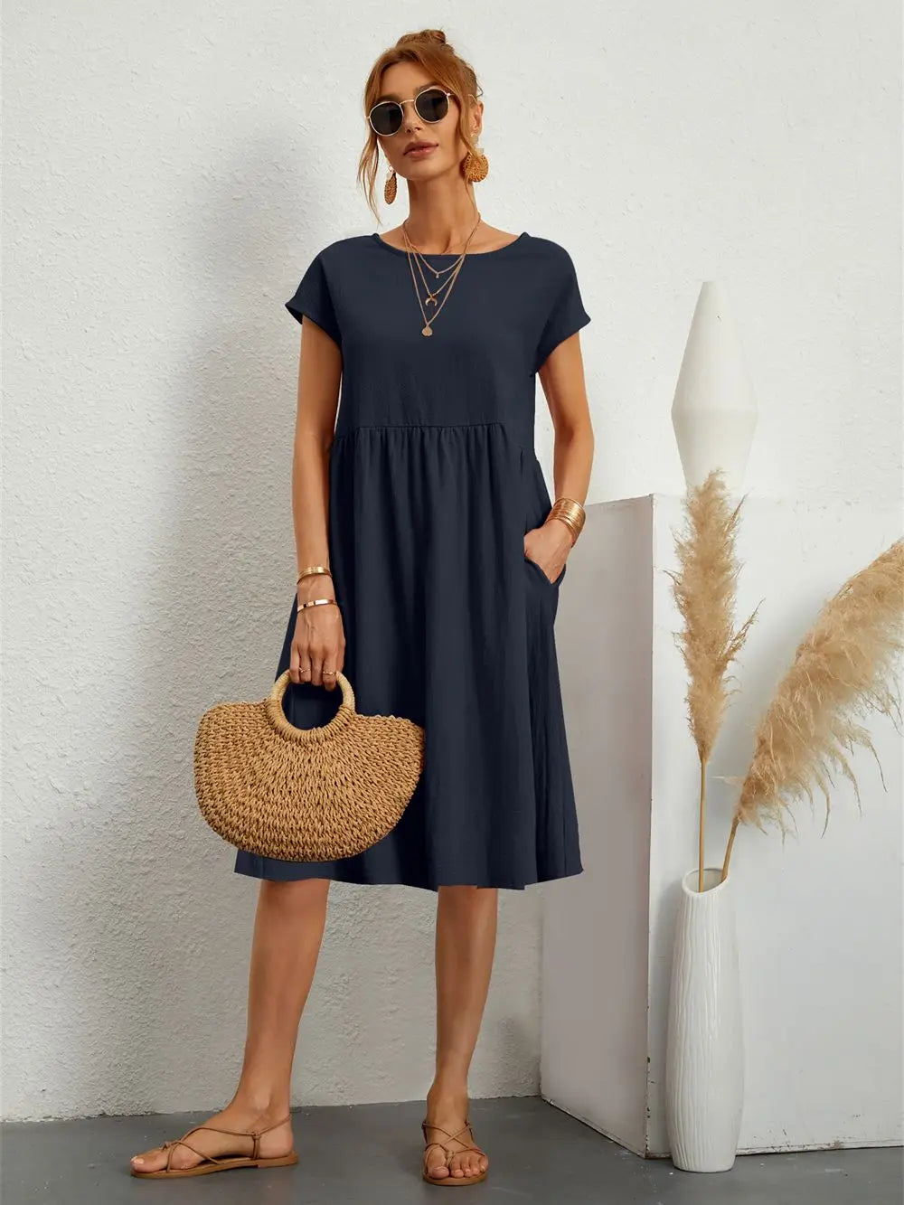 Women's Casual Boho A-Line Dress with Pocket | Midi