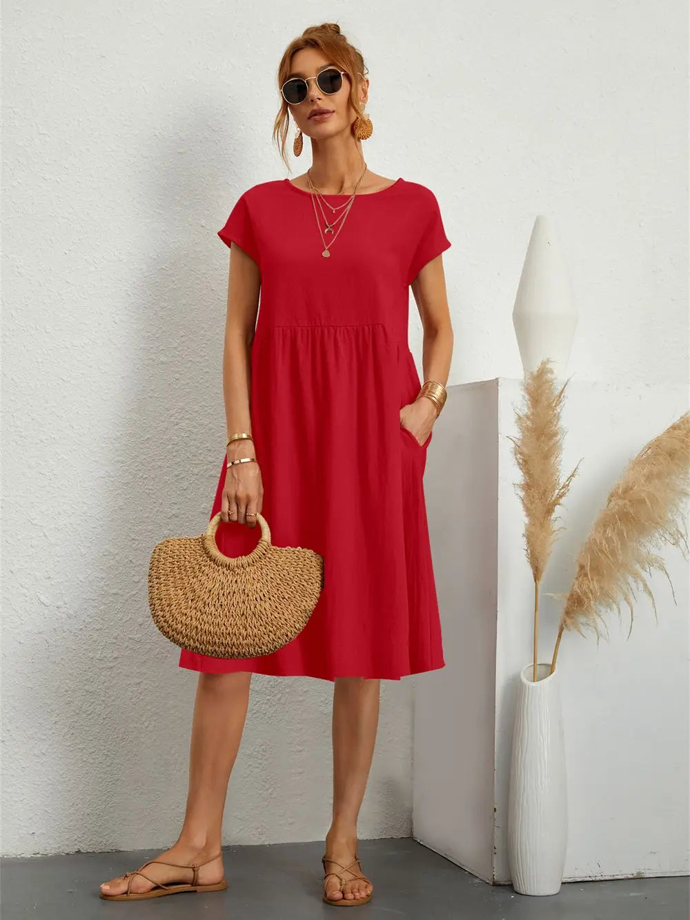 Women's Casual Boho A-Line Dress with Pocket | Midi