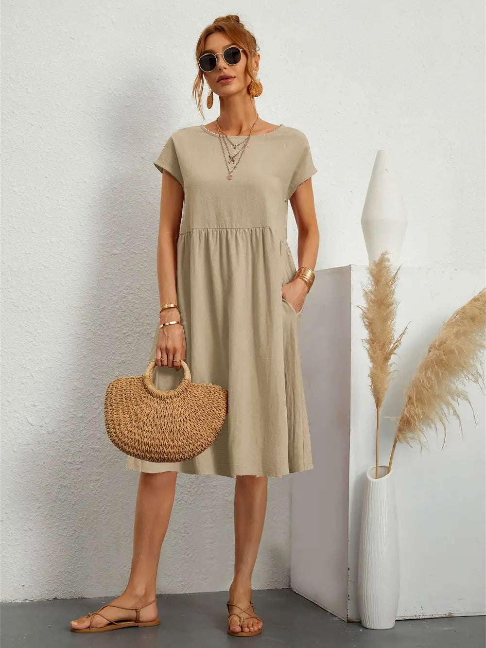 Women's Casual Boho A-Line Dress with Pocket | Midi