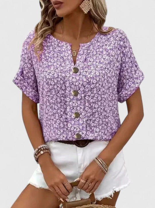 Women's Elegant Button Detail Floral Summer Blouse | Short Sleeve