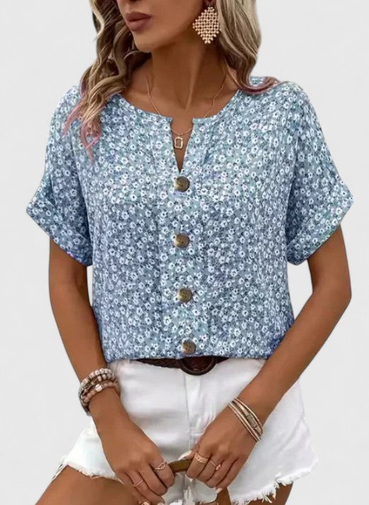 Women's Elegant Button Detail Floral Summer Blouse | Short Sleeve