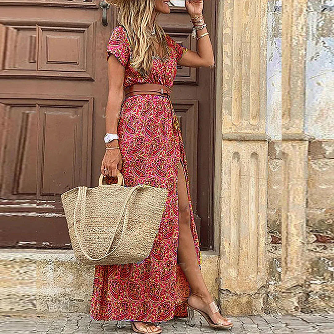 Women's Summer Boho V-Neck Belted Dress With Slit | Maxi