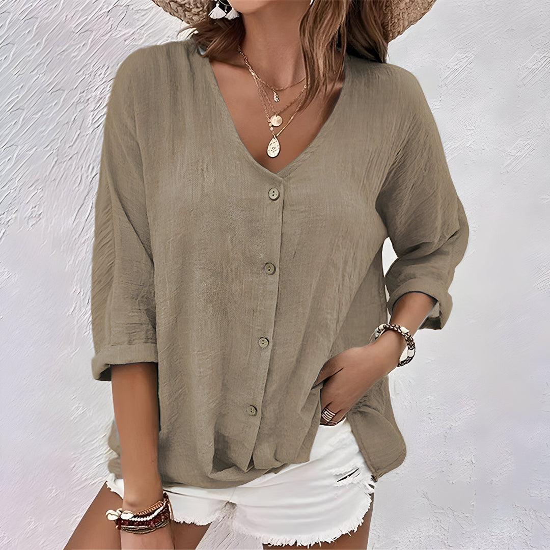 Women's Relaxed Fit V-Neck Button-Up Blouse | Long Sleeves