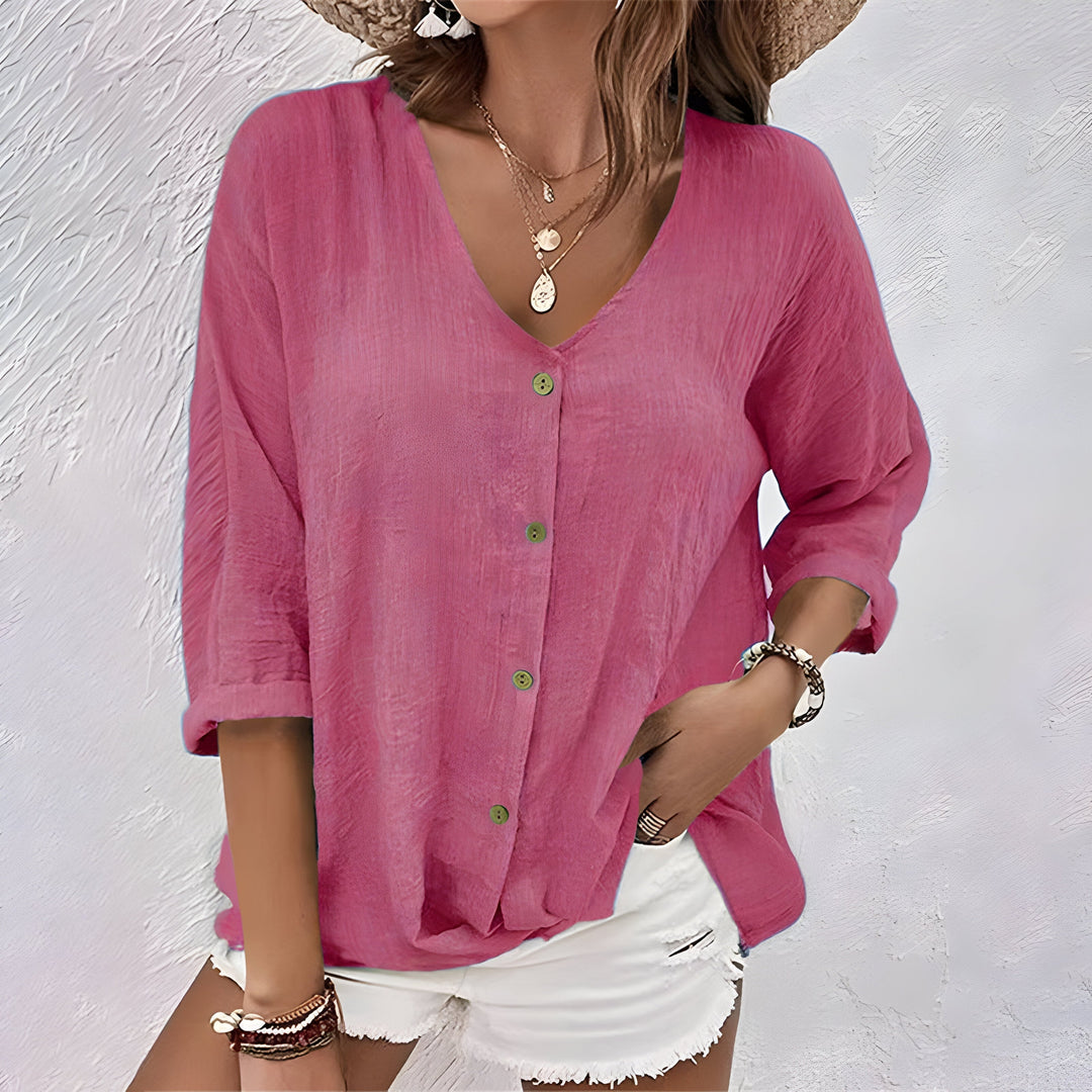 Women's Relaxed Fit V-Neck Button-Up Blouse | Long Sleeves