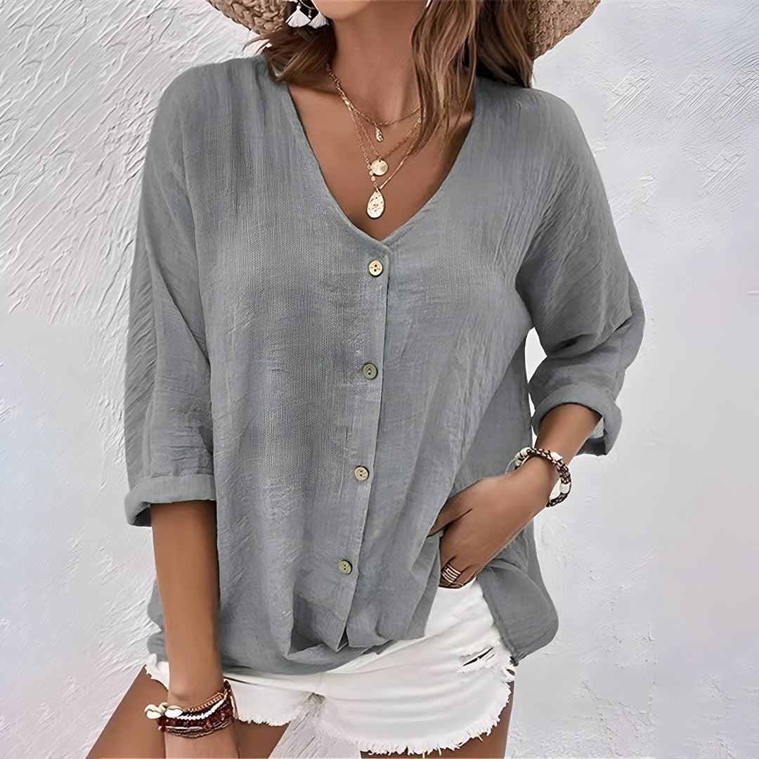 Women's Relaxed Fit V-Neck Button-Up Blouse | Long Sleeves