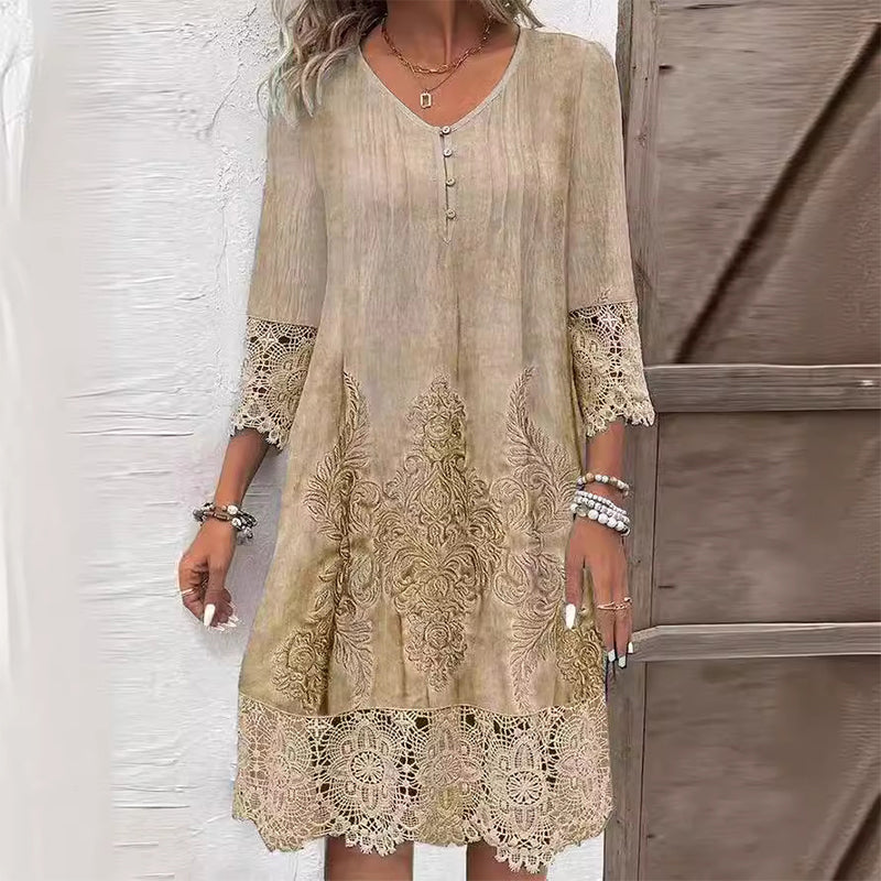 Women's Vintage Boho Floral A-Line Dress |  Midi