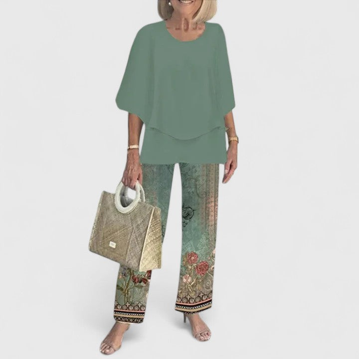 Women's Elegant Summer Loose Blouse and Printed Trouser Set | Two Piece