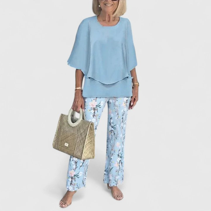 Women's Elegant Summer Loose Blouse and Printed Trouser Set | Two Piece