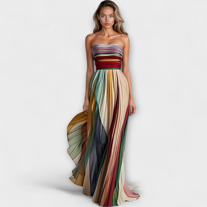 Women's Pleated Colorful Strapless Wedding Guest Dress | Maxi