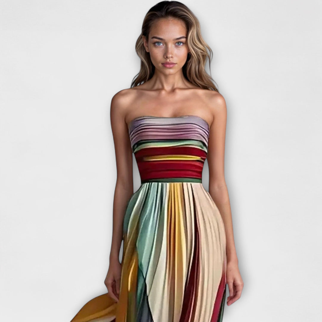 Women's Pleated Colorful Strapless Wedding Guest Dress | Maxi