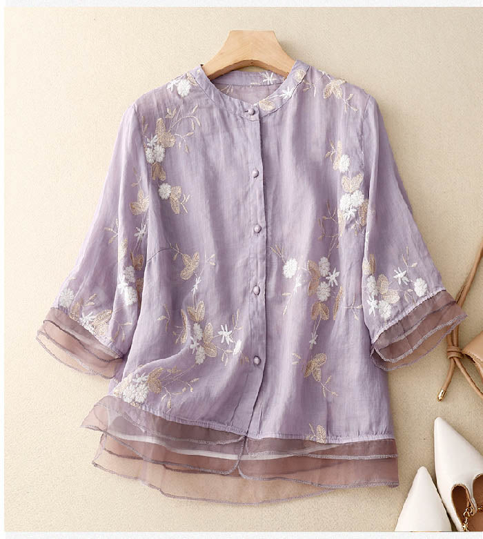 Women's Vintage Floral Layered Button Up Blouse | Three Quarter Sleeves