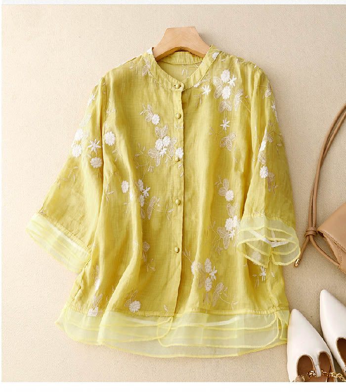 Women's Vintage Floral Layered Button Up Blouse | Three Quarter Sleeves