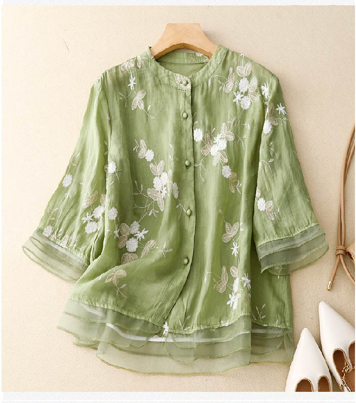 Women's Vintage Floral Layered Button Up Blouse | Three Quarter Sleeves